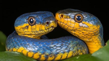 Fototapeta premium Two Vibrant Blue And Yellow Mangrove Pit Vipers Close Up On Green Leaf In The Amazon Rainforest