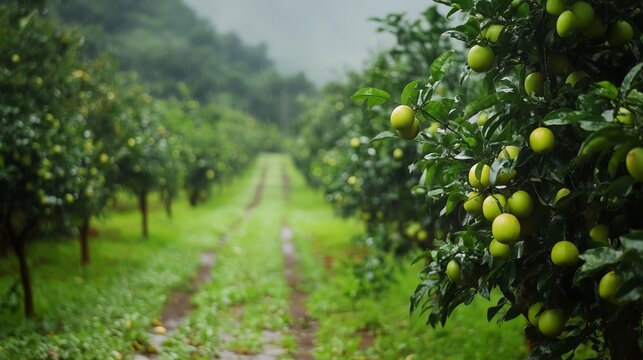 Vibrant lemon orchard in the rain, showcasing fresh green lemons among dense foliage and a scenic, moist pathway.
