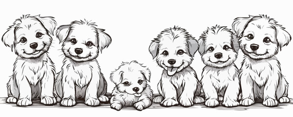 Fototapeta premium Cute doodle dog. Line black and white funny puppies. Isolated on a white background.. vector simple illustration