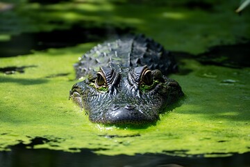 Obraz premium American Alligator in Water with Green Algae, Reptile Wildlife in Natural Habitat