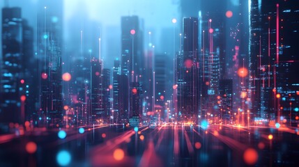 Fototapeta premium A futuristic city skyline illuminated by glowing pink and blue network connections, showcasing digital communication and technology systems.