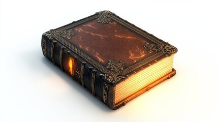 Mystical 3D Render of Ancient Tome with Glowing Pages and Ornate Cover on White Background