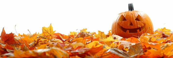 Halloween Jack O Lantern Pumpkin in a Pile of Autumn Leaves Isolated on White Background