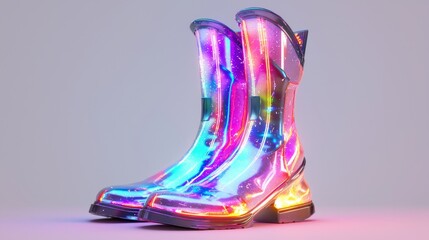 Mystical 3D Render of Enchanted Boots with Glowing Accents Inclined at 45 Degrees on White Background