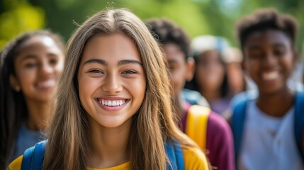 Fototapeta premium A group of diverse young adults laughing together in a city park, showcasing different ethnic backgrounds and casual clothing