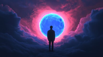 Person standing before a glowing cosmic portal in vibrant colors.