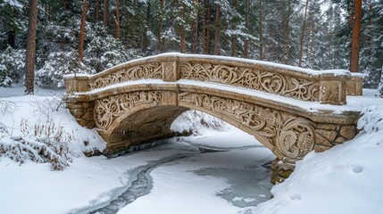 A stone bridge with intricate carvings over a frozen creek in a snowy forest, demonstrating the durability and artistry of stone even in harsh winter conditions