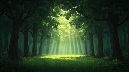 Obraz premium Sunlight filtering through trees in a tranquil forest scene.