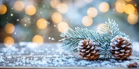 Pinecones and evergreen branches dusted with snow are displayed against a blurred background of twinkling lights, evoking a festive atmosphere