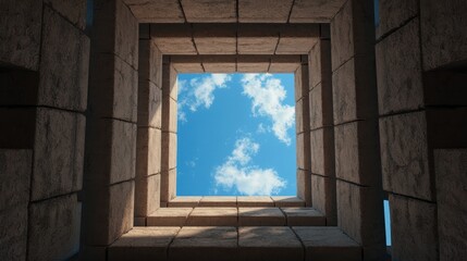 Fototapeta premium View of sky through architectural structure, square frame.