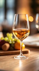 Obraz premium Wine glass with golden liquid, fruits in the background.