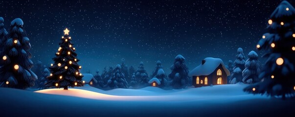 Naklejka premium Winter night landscape with Christmas tree and glowing house.