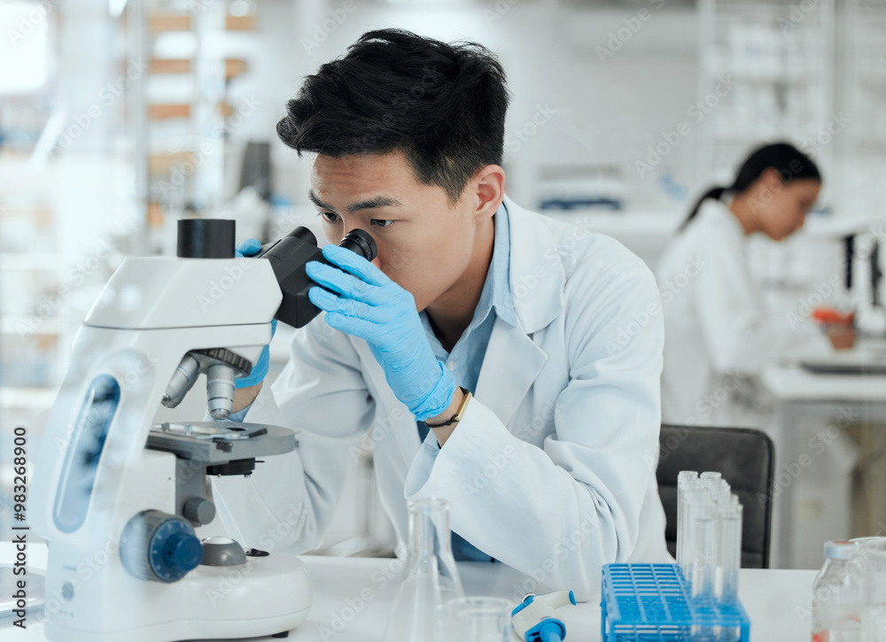 Aufkleber Man, microscope and research in lab for science, observation and experiment results. Scientist, tech and study at table for medicine engineering, pharmaceutical development and healthcare innovation