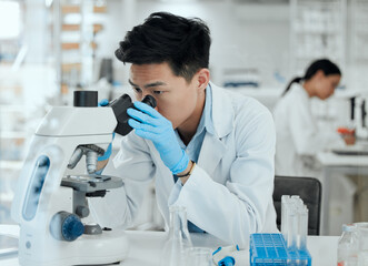 Man, microscope and research in lab for science, observation and experiment results. Scientist,...