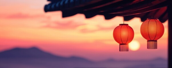 Chinese lanterns at sunset, serene and colorful atmosphere.