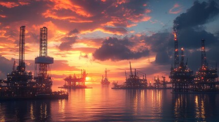 Obraz premium Stunning Sunset Over Oil Rigs in Tranquil Waters