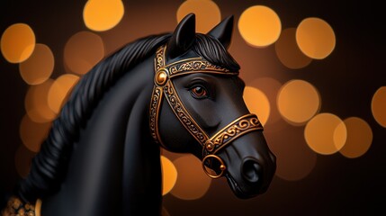 Elegant black horse figurine on a blurred decorative background.