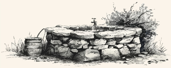 Rustic stone well with bucket and drinking water. Hand drawn sketch in vintage style.. vector simple illustration