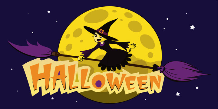 Una simp&aacute;tica bruja volando en su escoba frente a una luna amarilla, con la palabra "Halloween" escrita en letras grandes. El fondo oscuro acent&uacute;a el car&aacute;cter festivo.