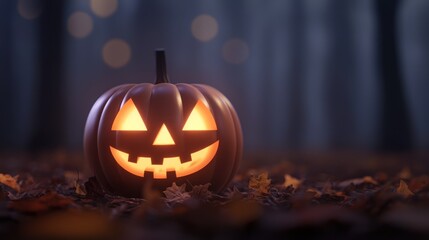 Fototapeta premium Halloween pumpkin glowing in a spooky forest setting.