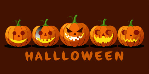 Cinco calabazas talladas con expresiones variadas est&aacute;n alineadas, con la palabra "Halloween" escrita debajo en color naranja. El fondo marr&oacute;n oscuro complementa la escena festiva. 