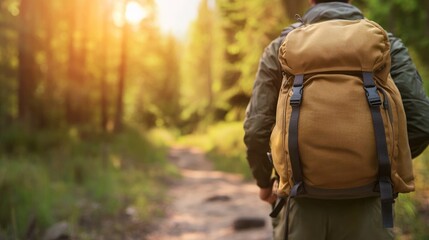 Hiker exploring a forest trail with a backpack at sunset.