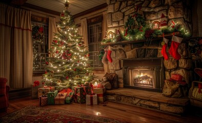 Fototapeta premium interior christmas. magic glowing tree, fireplace, gifts in dark