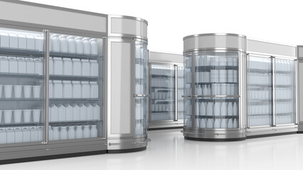 Commercial freezer display cabinet with blank dairy products. 3d illustration set on white background