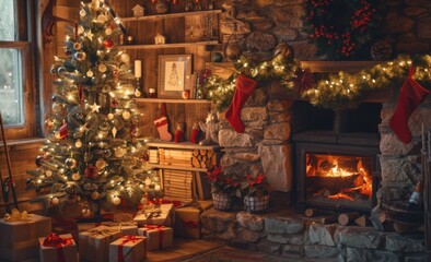 interior christmas. magic glowing tree, fireplace, gifts in dark