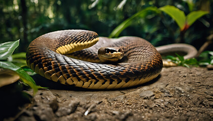 Obraz premium Close-up of a snake slithering in the grass with intricate scales and sharp eyes, showcasing its dangerous and venomous nature in the wild