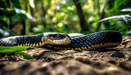 Fototapeta premium Close-up of a snake slithering in the grass with intricate scales and sharp eyes, showcasing its dangerous and venomous nature in the wild