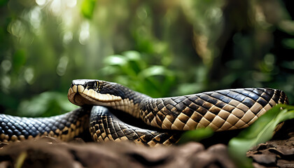 Fototapeta premium Close-up of a snake slithering in the grass with intricate scales and sharp eyes, showcasing its dangerous and venomous nature in the wild