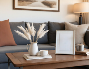 Cozy Morning Setup with Blank Sign and Relaxing Decor