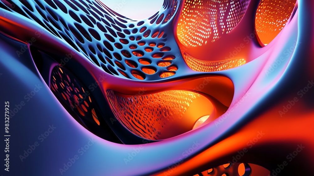 Fototapete an abstract 3d rendering of a futuristic and organic structure with a glowing honeycomb-like pattern