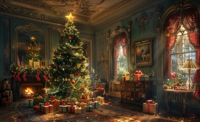 interior christmas. magic glowing tree, fireplace, gifts in dark