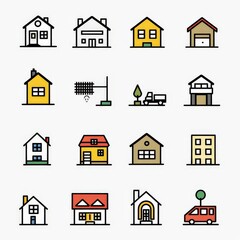 Fototapeta premium Professional And Minimalist Icons, Real Estate, Lineal color, line art, flat, 2d, black and white, white background
