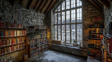 A stone library in a historic village, its thick walls and tall windows keeping the interior calm and warm, a haven for book lovers during the winter months