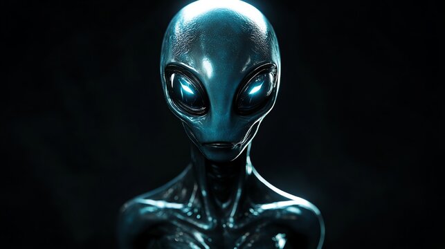 A close up of a grey alien with glowing blue eyes against a dark background.