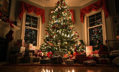 Obraz premium interior christmas. magic glowing tree, fireplace, gifts in dark