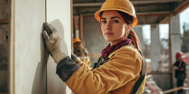 Junge Trockenbaumonteurin auf der Baustelle