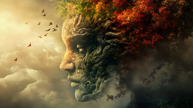 Fantasy tree face with autumn foliage and birds
