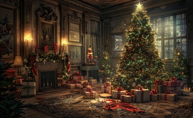 interior christmas. magic glowing tree, fireplace, gifts in dark