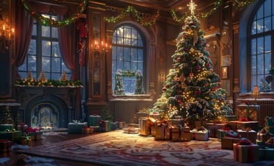 interior christmas. magic glowing tree, fireplace, gifts in dark