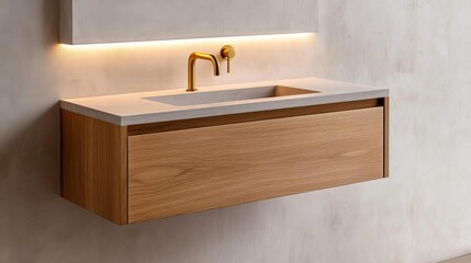 Floating wood vanity with built-in brass faucet and soft lighting, minimalist bathroom fixtures, modern simple elegance