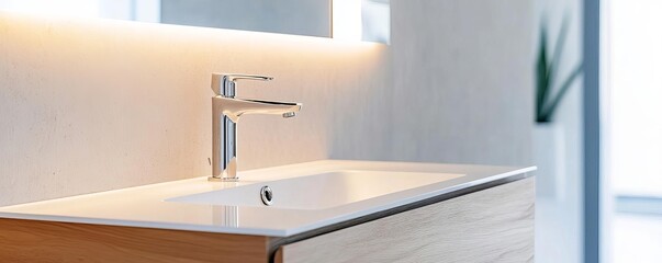 Floating wood vanity with integrated chrome faucet, soft lighting, minimalist bathroom fixtures, modern simple elegance