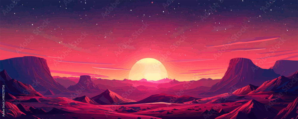 Canvas Prints desert planet landscape with magnificent red rocks and a starry sky. vector flat minimalistic isolat