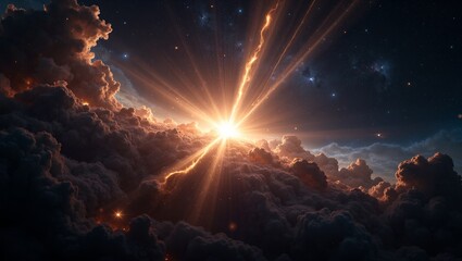 Naklejka premium Radiant quasar in distant galaxy with energy jets and nebula clouds