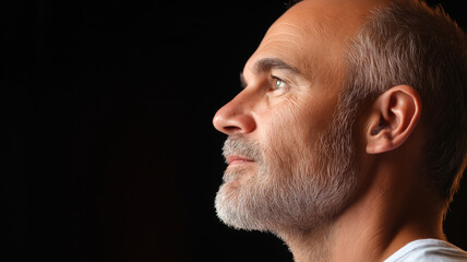 A profile view of a man with a thoughtful expression, featuring a beard covered, highlighting contrasts against a dark background.