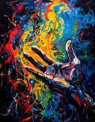 A highly stylized painting of a hand surrounded by dynamic, colorful splashes of paint. The vivid hues of red, blue, and yellow contrast sharply with the dark background, creating a sense of movement