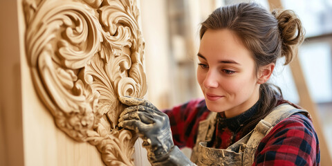 Stuckateurin gestaltet dekorative Verzierungen am Gebäude
